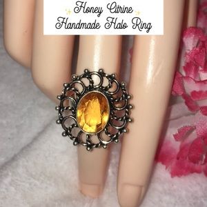 Honey Citrine Gemstone Handmade Rustic Halo Ring